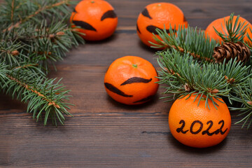 Fototapeta na wymiar tangerines decorated for the new year 2022 with tiger coloring on a dark wooden background