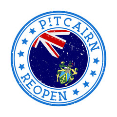 Pitcairn Reopening Stamp. Round badge of country with flag of Pitcairn. Reopening after lock-down sign. Vector illustration.