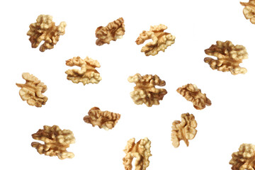 Peeled walnuts isolated on white background, close up