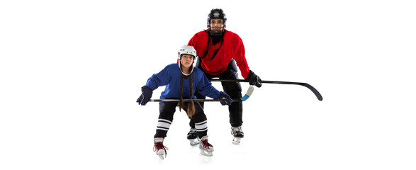 Collage of woman and girl, professional hockey players in uniform with helmet and stick training...
