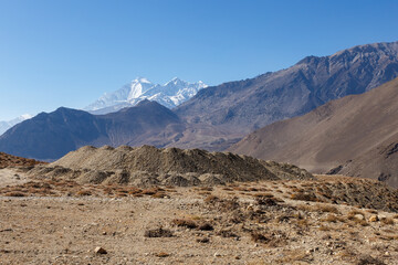 Dhaulagiri and Tukuche Peak. Mountain view from Kagbeni Muktinath road. Mustang District, Nepal
