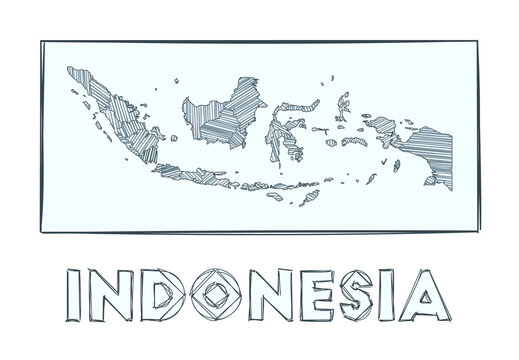 Grayscale hand drawn map of Indonesia. Filled regions with hachure stripes. Vector illustration.