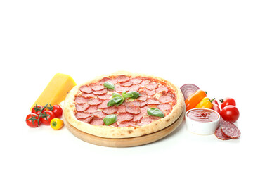 Concept of tasty food with Salami pizza isolated on white background