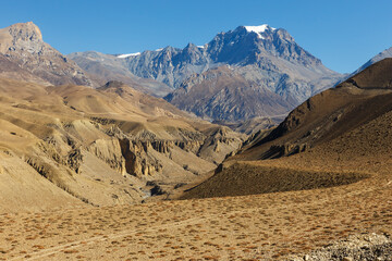 Jhong Khola River and Yakwakang mountain. Mustang District, Nepal