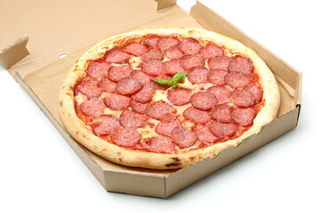 Tasty Salami pizza isolated on white background