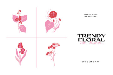 Set of pink floral elements. Flower and green leaves.Modern trendy Matisse minimal style.  Floral poster, invite. Vector arrangements for greeting card or invitation design