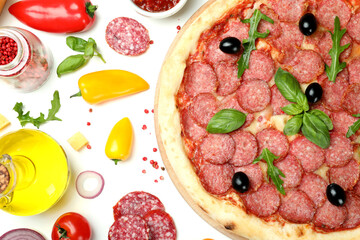 Concept of tasty food with Salami pizza on white background