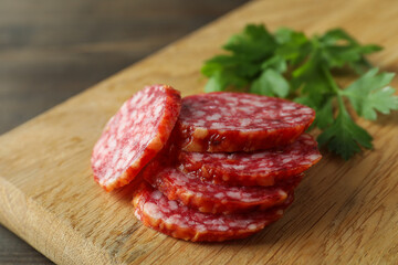Сoncept of tasty food with salami sausage on wooden background