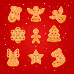 Vector cartoon set of holidays ginger cookie isolated on red background. Merry Christmas and Happy New Year figures cover by icing-sugar. Gingerbread man, angel, snowflake, mitten, tree, star, bell
