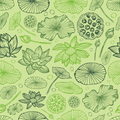 Vector green monochrome lotus tropical flowers and water lily pads and leaves and seed pods intricate repeat pattern. Suitable for textile, gift wrap and wallpaper.