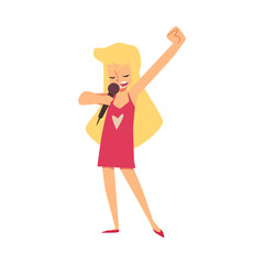 Happy girl with microphone singing song in flat vector illustration isolated