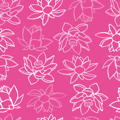 Vector pink monochrome lotus tropical flowers water lily outlines simple repeat pattern. Suitable for textile, gift wrap and wallpaper.