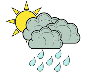 Vector icon of sun, rain and cloud. Vector illustration.
