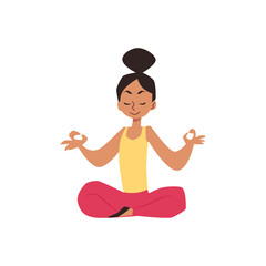 Smiling cartoon child character doing yoga in flat vector illustration