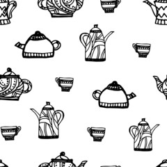 Pattern: teapots, dishes, cups. Vector illustration