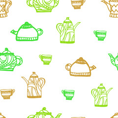 Pettern: teapots, dishes, cups. Vector illustration