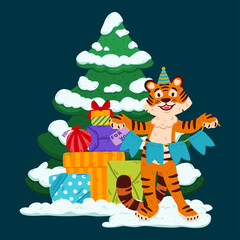 Smiling tiger with party hat, festive garland flags, presents and Christmas tree. Chinese zodiac animal. Symbol of the new year 2022, 2034. Vector illustration isolated on white background.