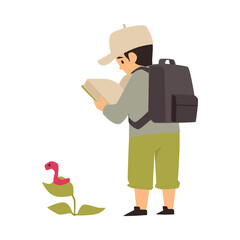 Boy exploring nature and studying plants flat vector illustration isolated.