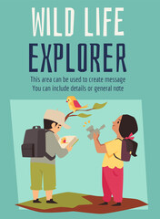 Wildlife and nature explorer banner with children, flat vector illustration.