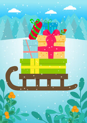 Lots of Christmas gifts on a wooden sleigh in the woods. Vector illustration.