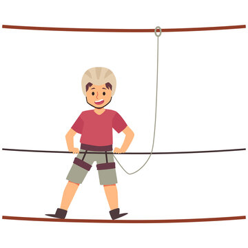 Child In Rope Adventure Park Moves On Bridge, Flat Vector Illustration Isolated.