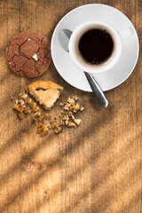 Coffee cup and bakery dish. Healthy eating and sweet food concept.