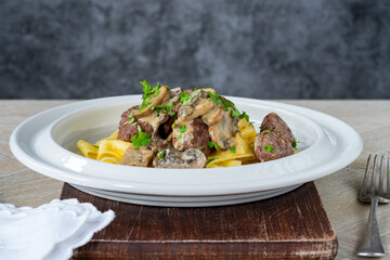 Venison meatballs with creamy mushroom sauce and pappardelle pasta
