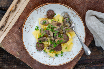 Venison meatballs with creamy mushroom sauce and pappardelle pasta