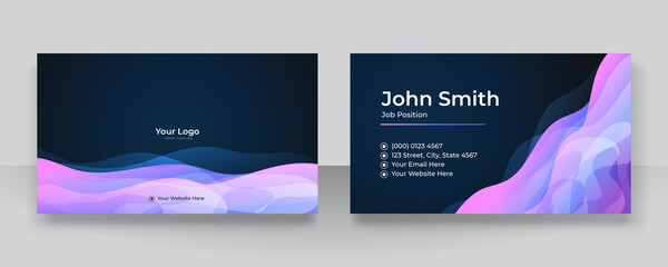 Modern colorful blue purple wave curve line technology business card. Creative luxury and clean business card design template. Elegant background with abstract lines shiny. Vector illustration