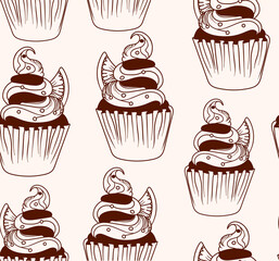 Food vector seamless pattern with delicious creamy muffins with oranges, chocolate colors	