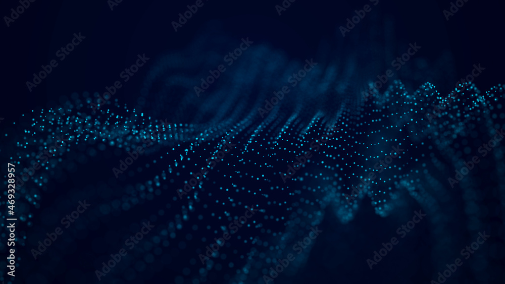 Poster Digital technology. Futuristic background of glowing particles in motion. Large amount of data. 3D rendering.