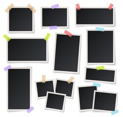 Square photo frames. Photograph frame template, scrapbook elements. Photos album, black memory blank cards on tape exact vector set
