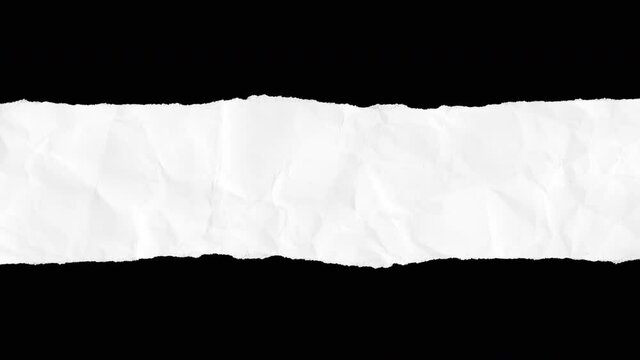 White strip of torn paper on black background. Realistic cartoon wrinkled surface texture in modern trendy stop motion style. Fashion minimal abstract dynamic art animation.