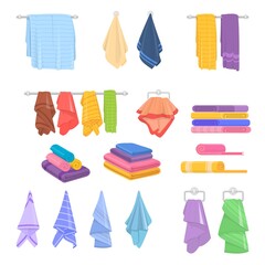 Fabric cartoon bath towels. Isolated towel, bathtub rag icons. Colorful hanging fabric, beach, hotel or spa textile. Kitchen or bathroom decent vector elements