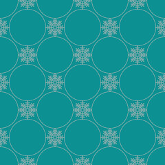 Elegant Christmas seamless vector pattern with pink lace snowflakes and circles on blue. Geometric background for greeting cards, Christmas and New Year cards, invitations and wrapping paper.