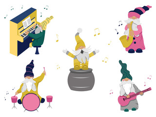 Fototapeta na wymiar Set of musical gnomes. Singer gnome. Gnome drummer. Gnome guitar player. Gnome pianist. Gnome band.