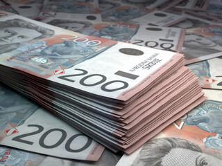 Serbian money. Serbian dinar banknotes. 200 RSD dinari bills. - obrazy, fototapety, plakaty