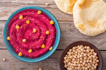 Declicious food from chickpea - beetroot hummus