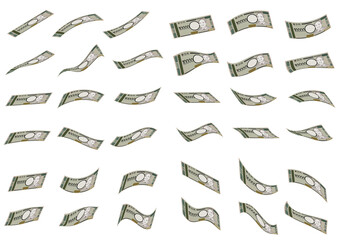 新一万円札が様々に舞っているイラストの素材セット