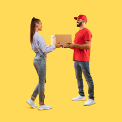 Arabic Delivery Guy Delivering Parcel To Customer Woman, Yellow Background