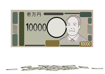 新一万円札をデフォルメしたイラスト素材と、床に散らかったお札のセット