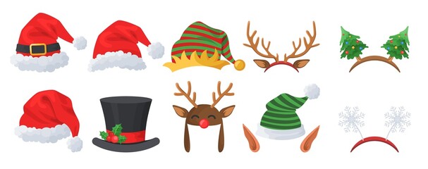 Christmas hats and decorations, vector illustration. Santa Claus hats, funny elf ears, deer horns, carnival headbands. - obrazy, fototapety, plakaty