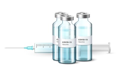 Covid-19 vaccine medical vials, bottles with injection syringe, vector illustration. Coronavirus vaccination. - obrazy, fototapety, plakaty