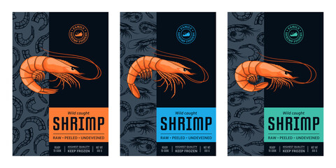 Vector shrimp label or package design. Seafood abstract design template. Prawn illustrations