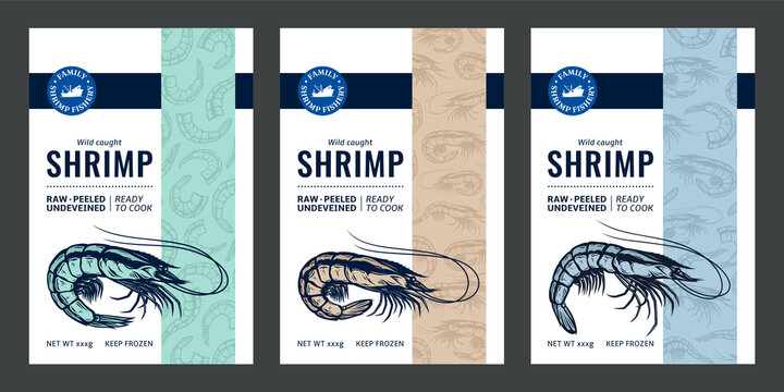 Vector shrimp label or package design. Seafood abstract design template. Prawn illustrations