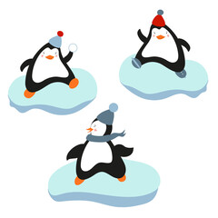 Obraz premium Hand drawn vector set of cute funny various penguins. Different clothing, various poses. Colored trendy illustration. Flat design. All elements are isolated. Pre-made stickers