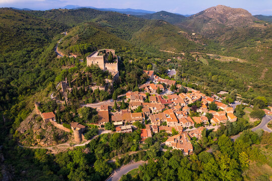 Castle and village of Castelnou aerial shot