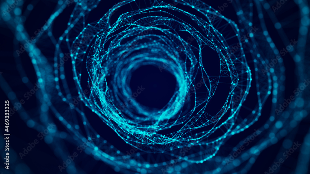 Poster abstract dynamic wireframe tunnel on blue background. deep wavy wormhole. futuristic particle flow. 