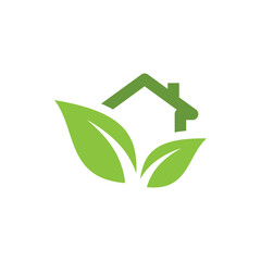 Green house with leaves vector logo icon. Eco friendly home symbol.