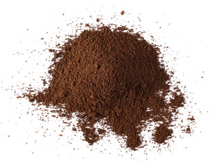 Pile of powdered, instant coffee for espresso isolated on white background, top view